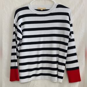 Mesh + Lace Women's Black & White Striped Crew Neck Sweater With Red Size M